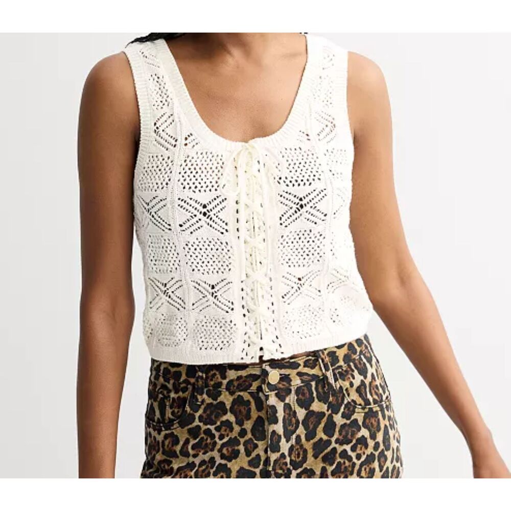 INTEMPO Women's White Crochet Open Knit Tie Front Tank Top L Boho Chic Festival